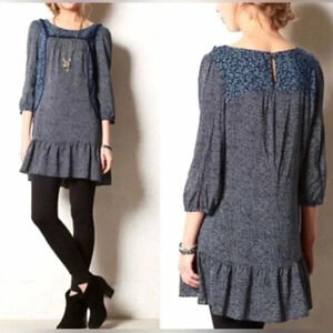 Anthropologie Holding Horses Blue Black Floral Paix Tunic Dress Size 6 Small S